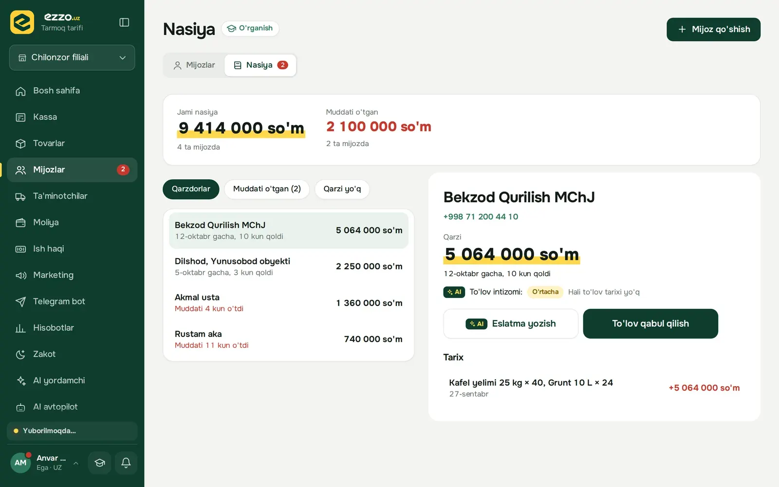 Debts: list of debtors, overdue debts and payment history